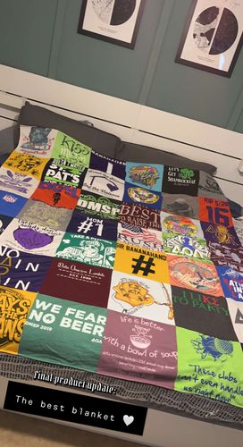 T-shirt quilt with beer, soup themes by Hannah from MO