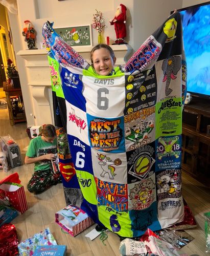 T-shirt quilt with sports, softball themes by Debbie from TX