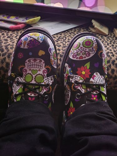 Customer photo review of Sugar Skull Pattern Print Faux Fur Leather Boots