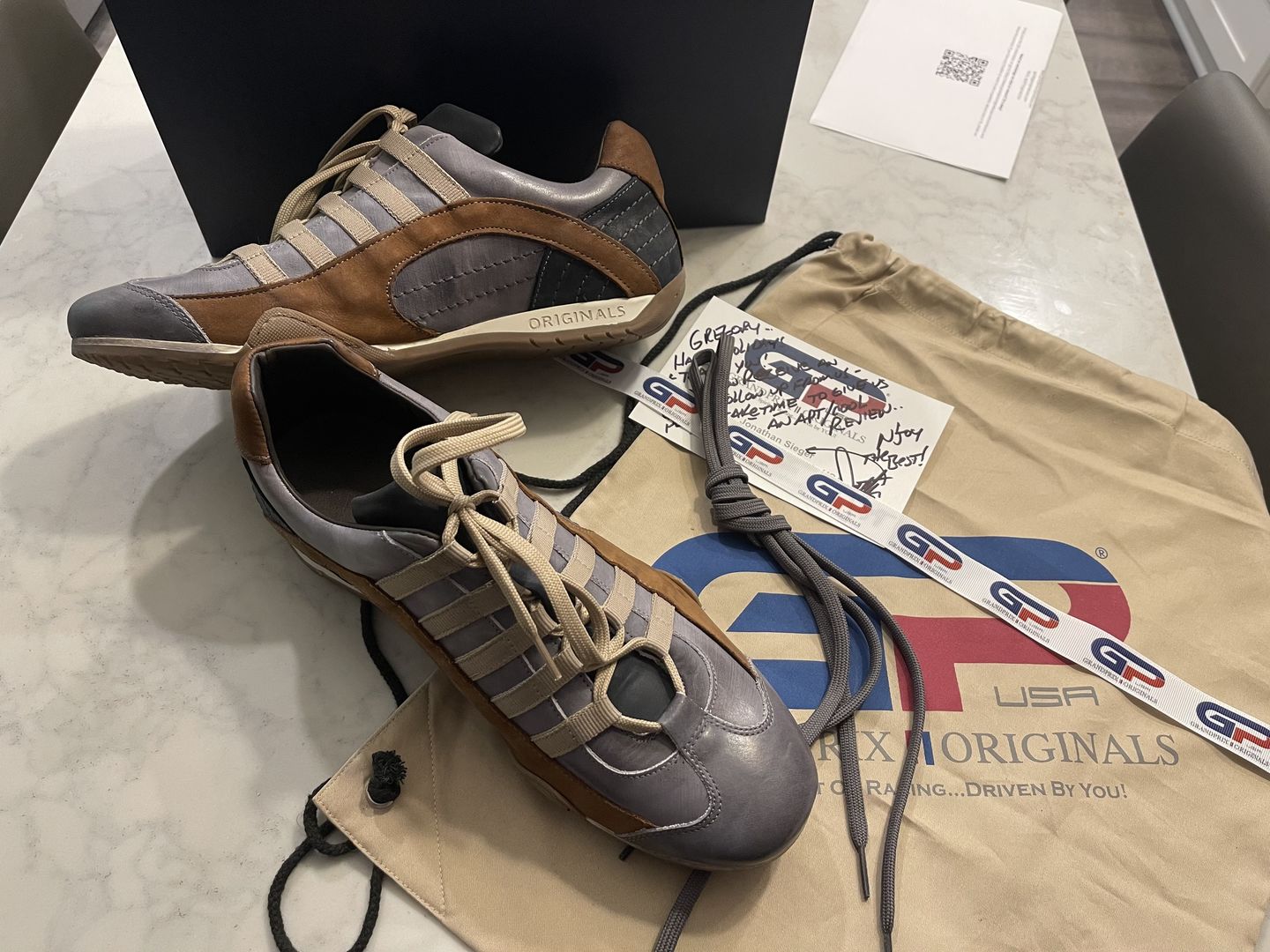 Customer photo review of Men's GrandPrix Sneaker in Beach Club (Faded Navy and Brown)