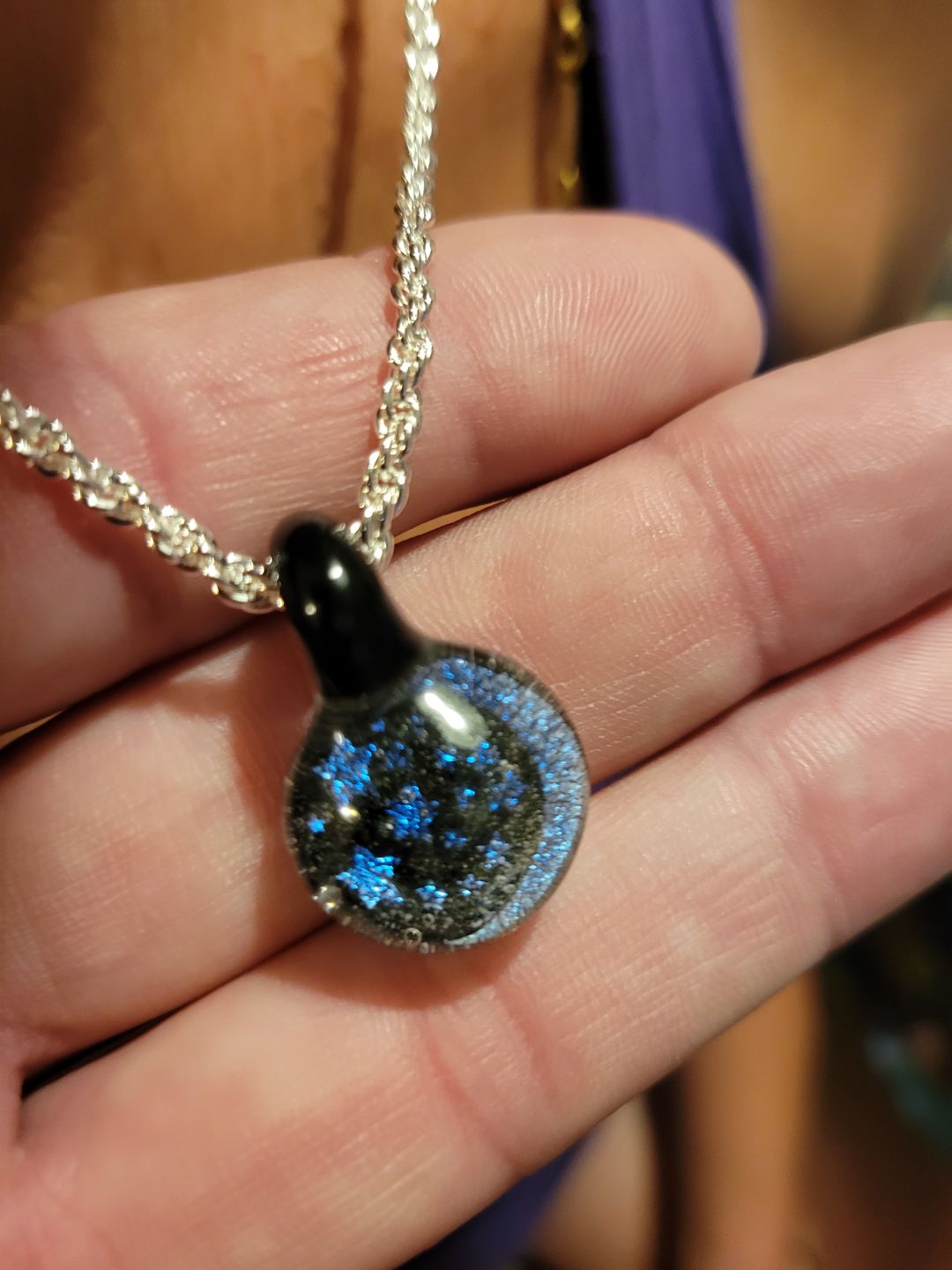 Customer photo review of Moon and Stars Hologram Pendant with Infused Cremation Ash