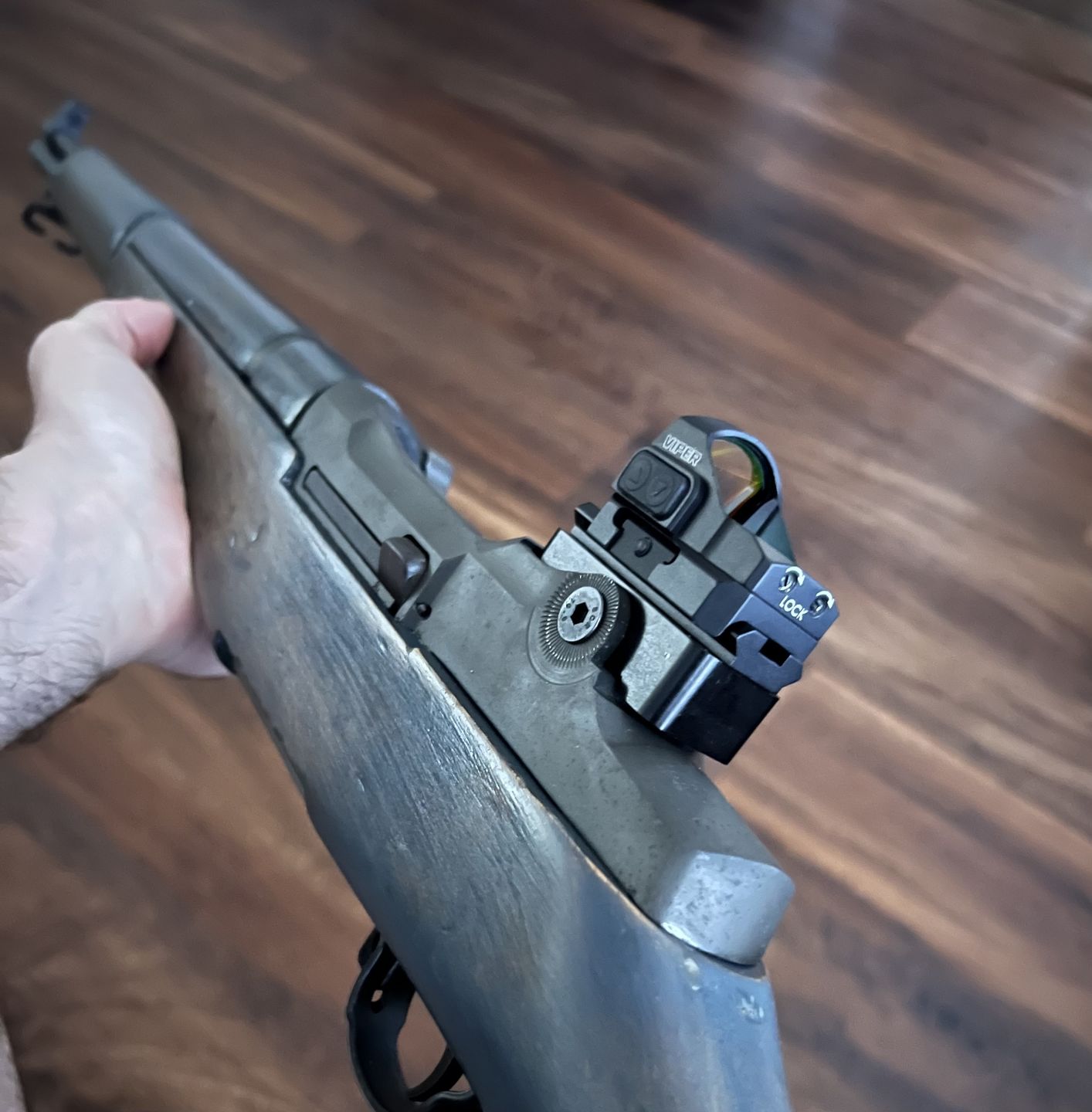 Customer photo review of M1 Garand / M1A Micro Red Dot Base and Picatinny Rail Mount Gen 3