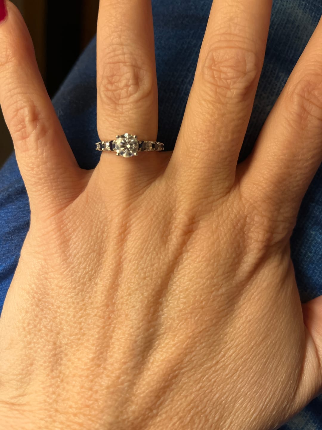 Customer photo review of Round Moissanite With Sapphire Pave Engagement Ring