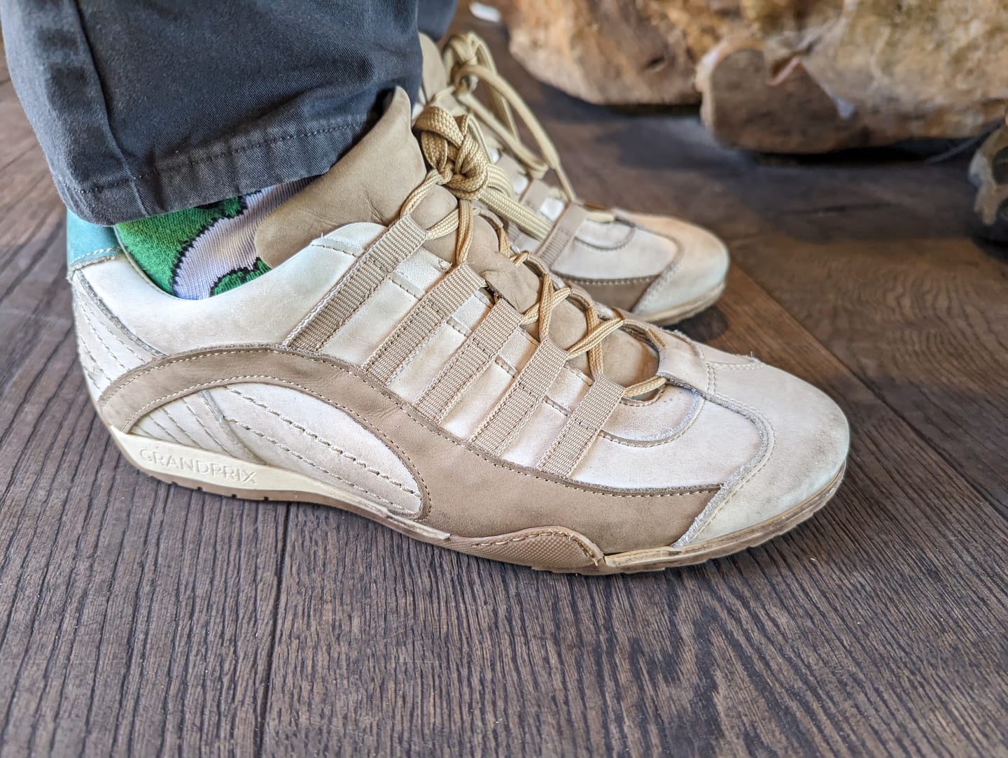 Customer photo review of Men's GrandPrix Sneaker in Torino (Soft White, Taupe, and Green)