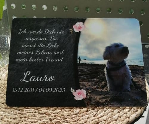 Customer photo review of Hunde Gedenktafel mit Foto & Spruch (UV- UND WETTERFEST)