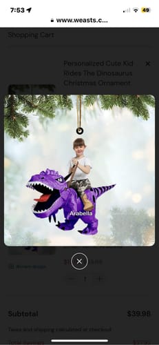 Customer photo review of Personalized Cute Kid Rides The Dinosaurus Christmas Ornament