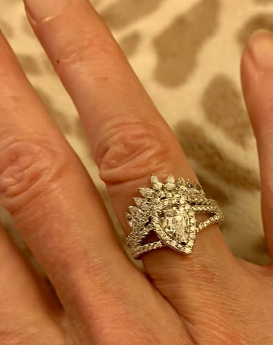 Customer photo review of Halo Wishbone Pear CZ Split Shank Ring Set in Sterling Silver