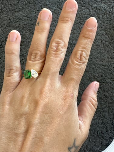 Customer photo review of Louily Special Double Stones Design Emerald & Pear Cut Engagement Ring In Sterling Silver