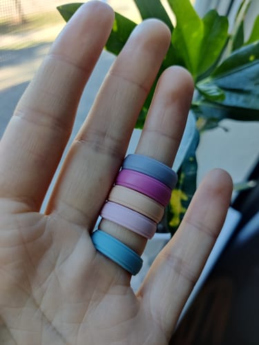Customer photo review of Women's Infinity Silicone Rings. Soft, Comfortable & Durable Wedding Bands. US Design Patent, 5 pack