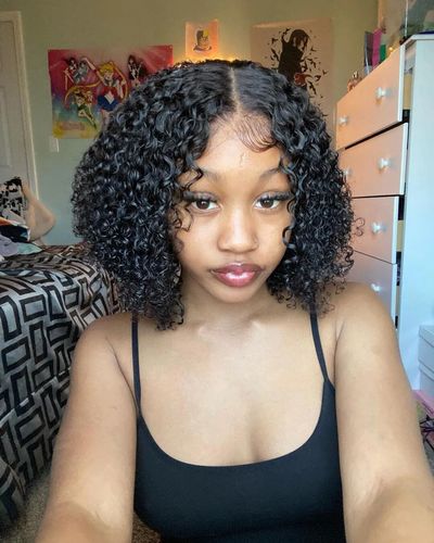 Customer photo review of Glueless Deep Curly 200% Density Natrual Black Lace Front Bob Wig