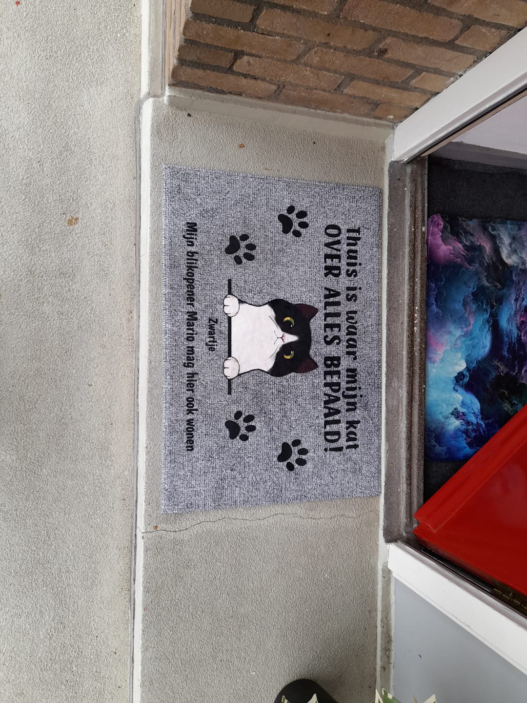 Customer photo review of Welkom bij nieuwsgierige katten - Gepersonaliseerde deurmat