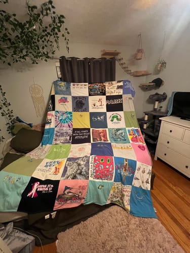 T-shirt quilt with traveling, beach activities themes by Grace from FL