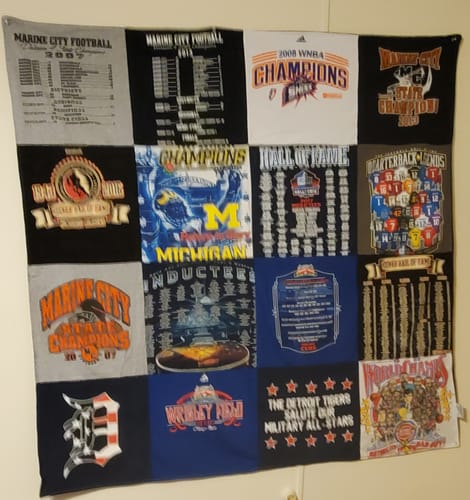 T-shirt quilt featuring marine city football team, detroit tigers by Lawrence from MI