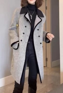 Customer photo review of French Grey Double Breast Patchwork Woolen Trench Fall