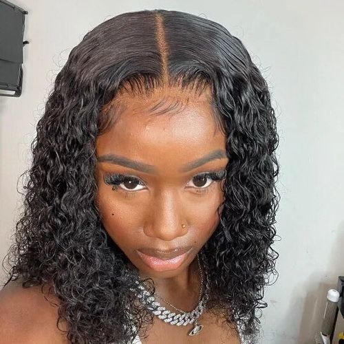 Customer photo review of Glueless Deep Curly 200% Density Natrual Black Lace Front Bob Wig