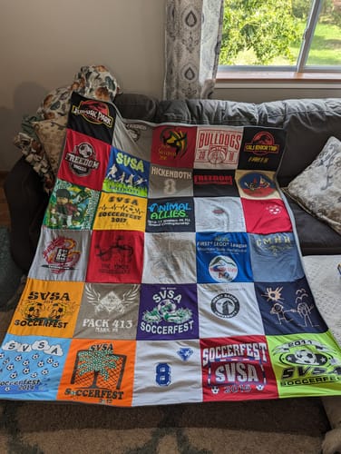 T-shirt quilt with soccer, legos themes by Allison  from PA