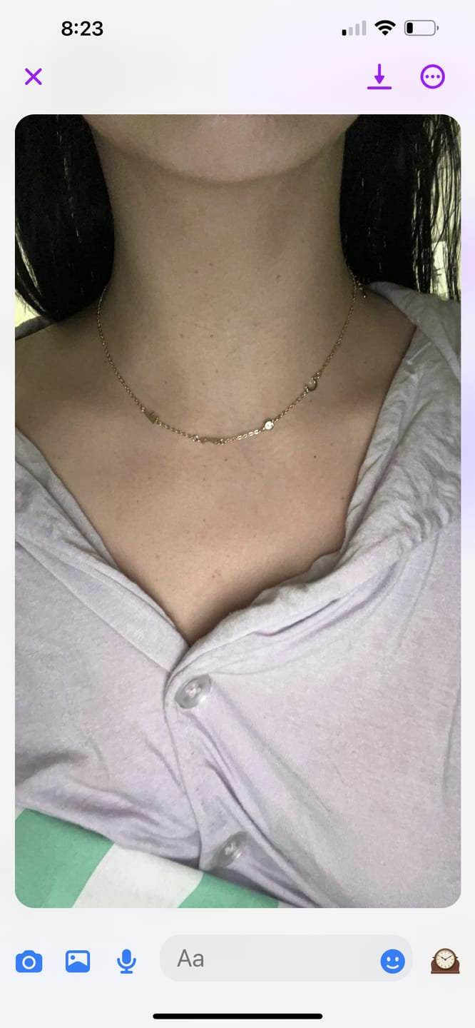 Customer photo review of Sideways Pave Letter Necklace