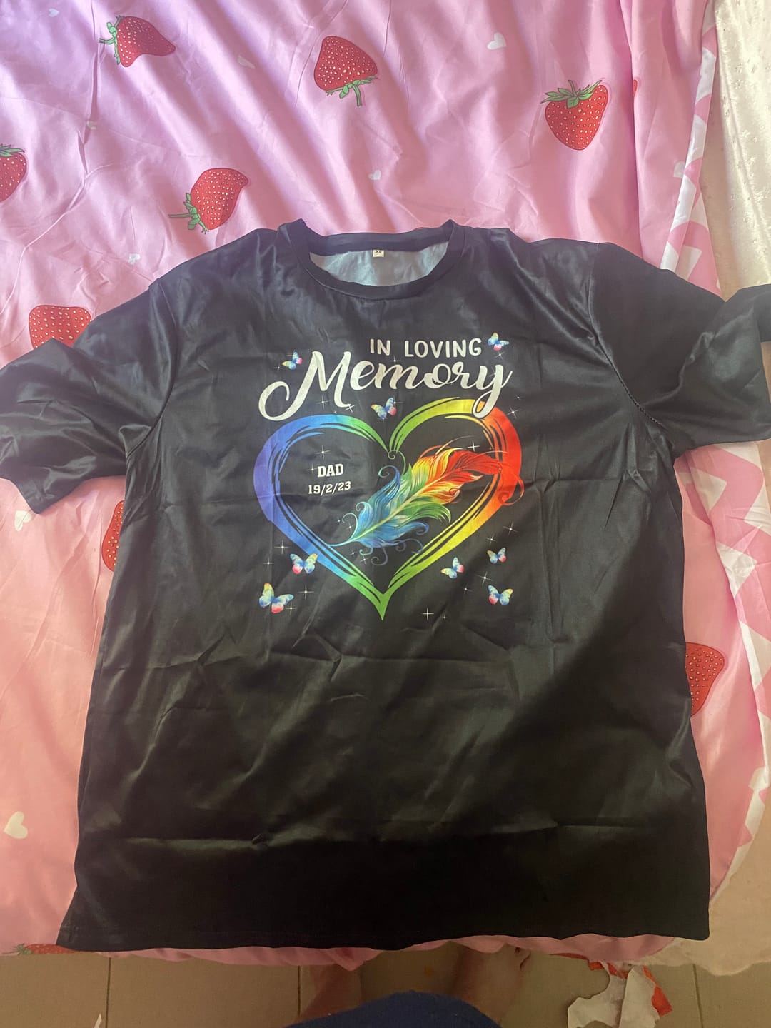 Customer photo review of In Loving Memory Heart Feather Butterfly Memorial Custom Gift T-shirt
