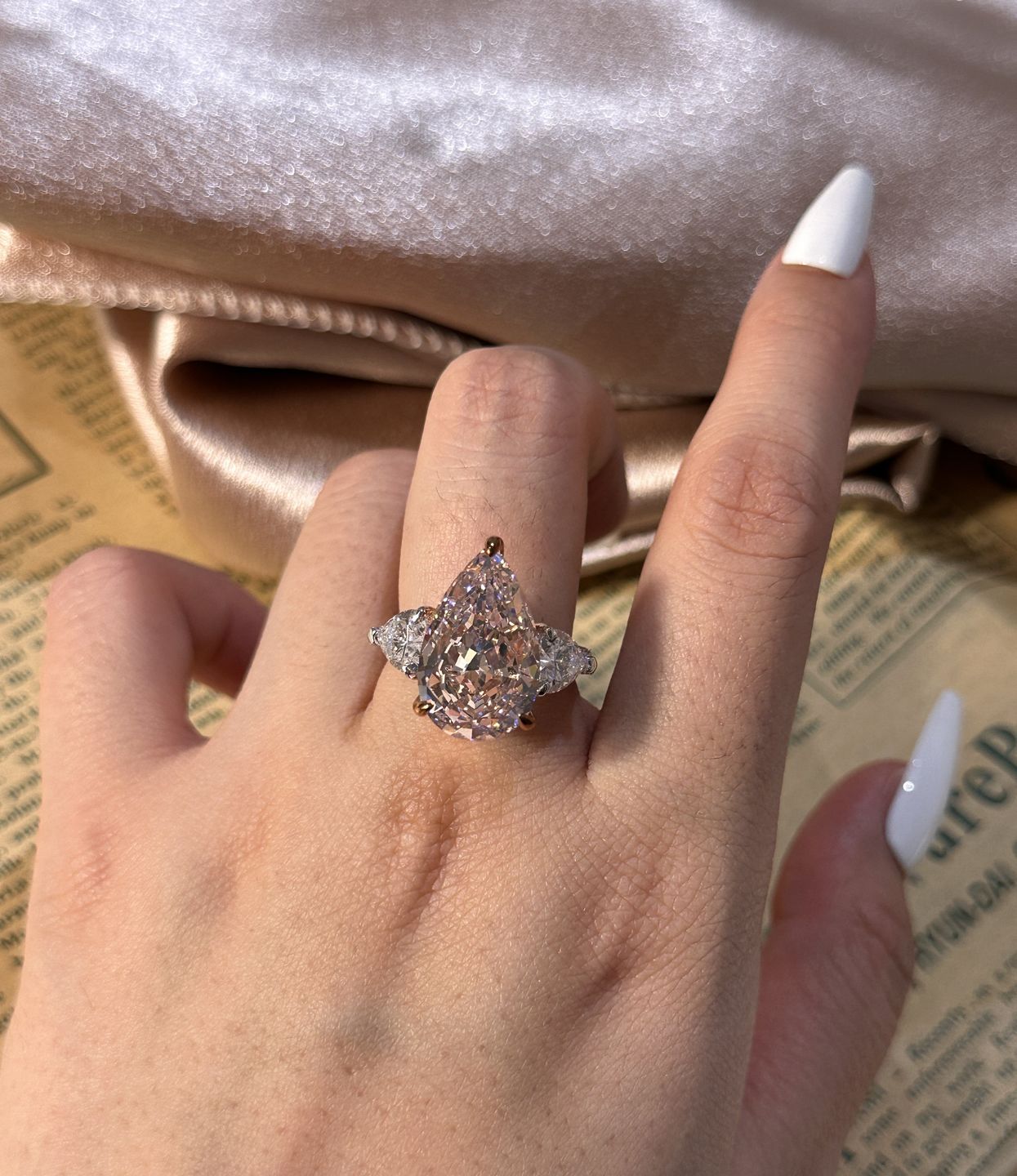 Customer photo review of S925 Stunning Pear Cut Yellow/Pink Sapphire Three Stone Engagement Ring