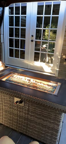 Customer photo review of 44 Inch Propane Fire Pit Table with Wind Guard and Waterproof Cover for Patio, Brown