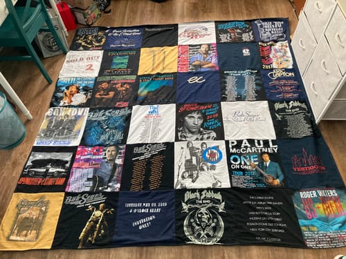 T-shirt quilt with music concerts, rock music themes by Michele from NJ