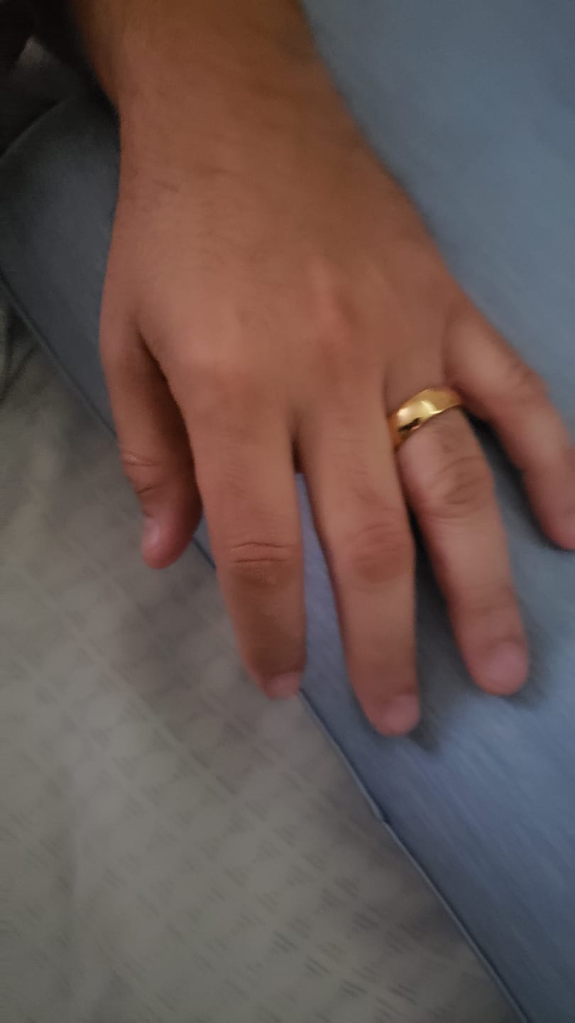 Customer photo review of 7mm - 14k Yellow Gold Tungsten Wedding Band, High Polish Dome Shape, Anniversary Ring
