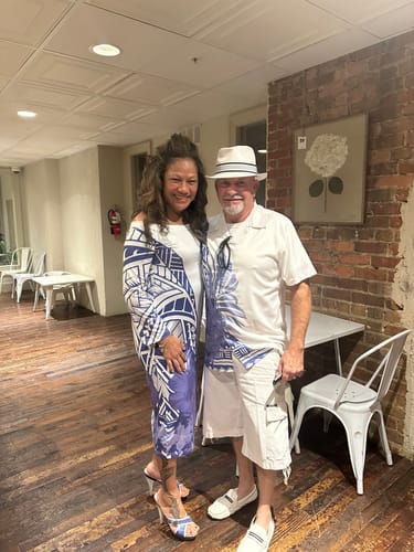 Customer photo review of Hibiscus Hawaii Tropical Flowers Matching Hawaiian Outfits For Couple Combo Long Sleeve Dress And Hawaiian Shirt