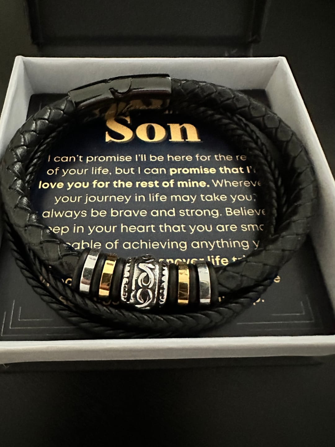 Customer photo review of Son, Never Give Up - Leather Bracelet with Personalized Message Card (S35-P)
