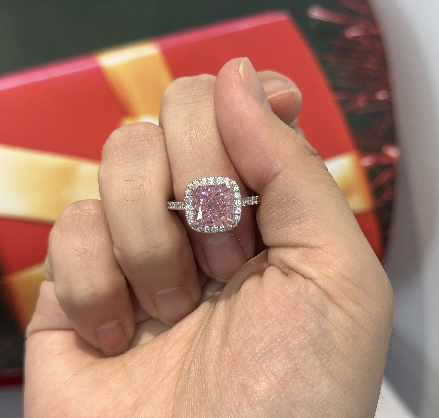 Customer photo review of Louily Lovely Halo Radiant Cut Pink Stone Engagement Ring