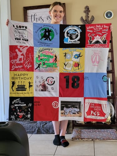 T-shirt quilt with dance, theater themes by Laura from LA