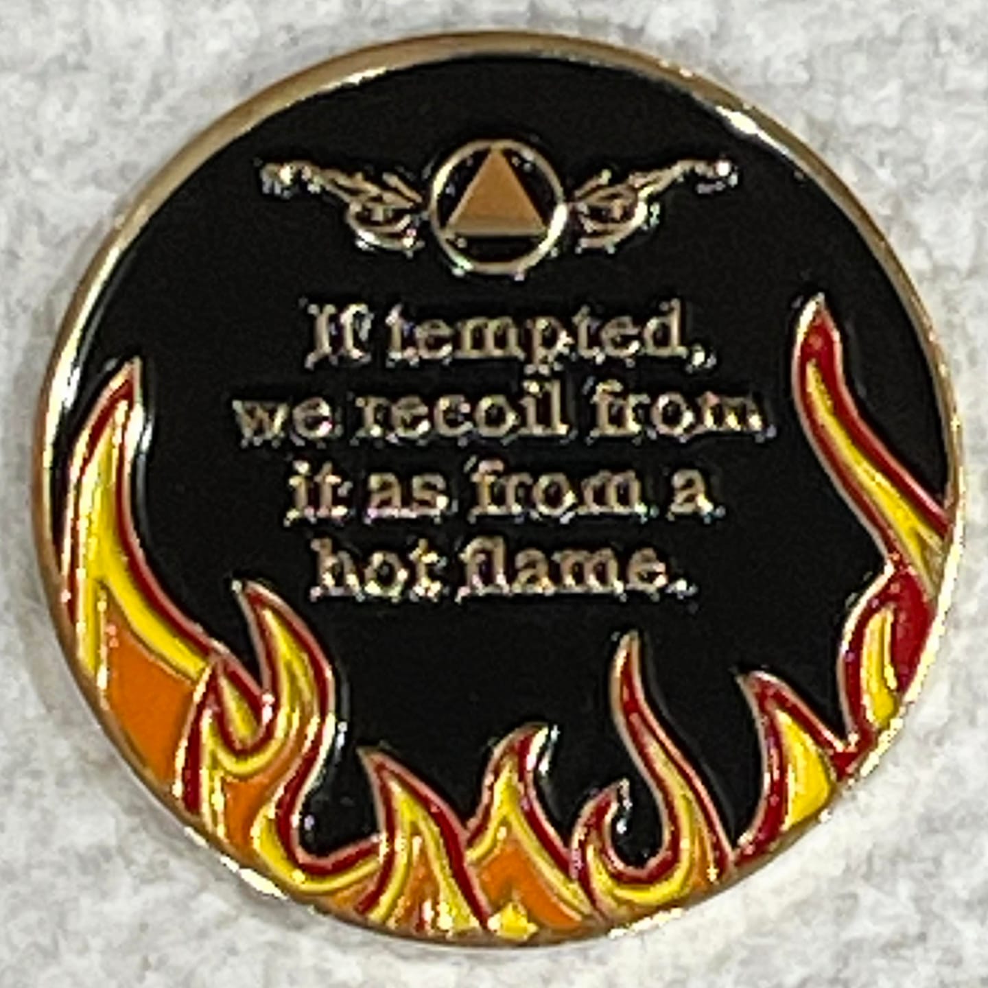 Customer photo review of 12 Year Sobriety Mint Twisted Flames Gold Plated AA Recovery Medallion/Chip/Coin - Black/Red/Orange/Yellow