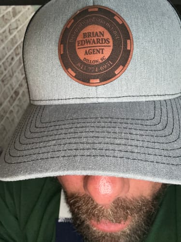 Customer photo review of Custom Leather Patch Trucker Hat - Richardson 112