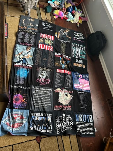 T-shirt quilt with country music, pop music themes by Teresa from NY