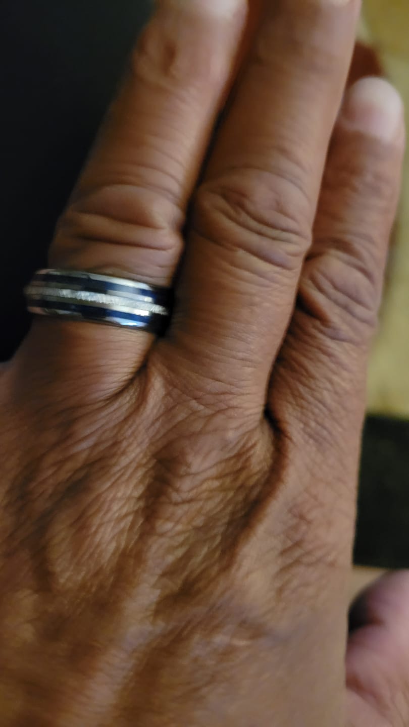 Customer photo review of 8mm - Mens Domed Tungsten Meteorite Ring, W/ Lapis Lazuli Inlay