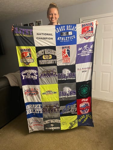 T-shirt quilt featuring drake university track and field team, olivet nazarene university tigers by Kylie from IN