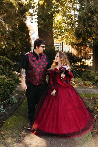 Customer photo review of Gothic Black And Red Wedding Dress With Gloves - Burgundy Ball Gown Plus Size