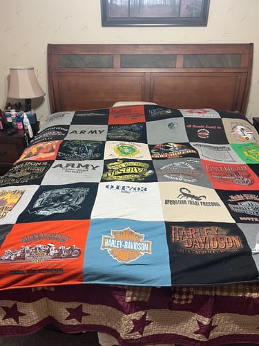 T-shirt quilt with motorcycling, military support themes by Connie from IN