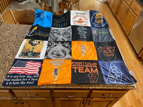 T-shirt quilt with running, fitness themes by Jo from MN