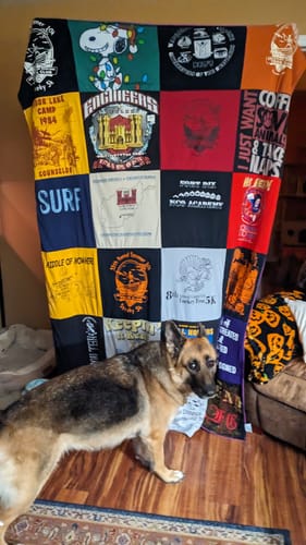 T-shirt quilt with camping, motorcycles themes by Catherine from MA