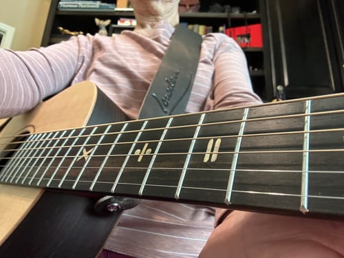 Customer photo review of Brown Leather Distressed Lowden Guitar Strap