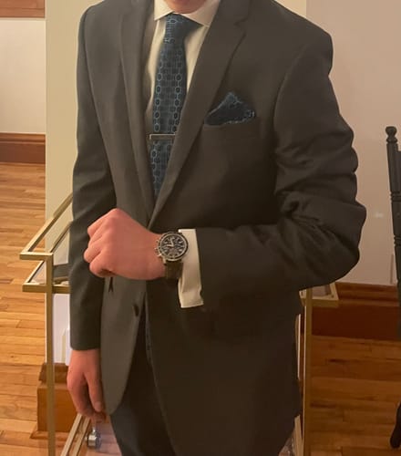 Customer photo review of Deep Blue Geometric Plaid Silk Tie Pocket Square Cufflinks Set