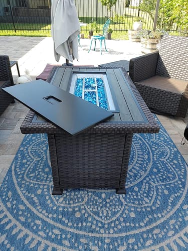 Customer photo review of Homrest 44" Outdoor Propane Gas Fire Pit Table 50000 BTU Auto-Ignition w/ Windguard, Aluminium Tabletop, Brown