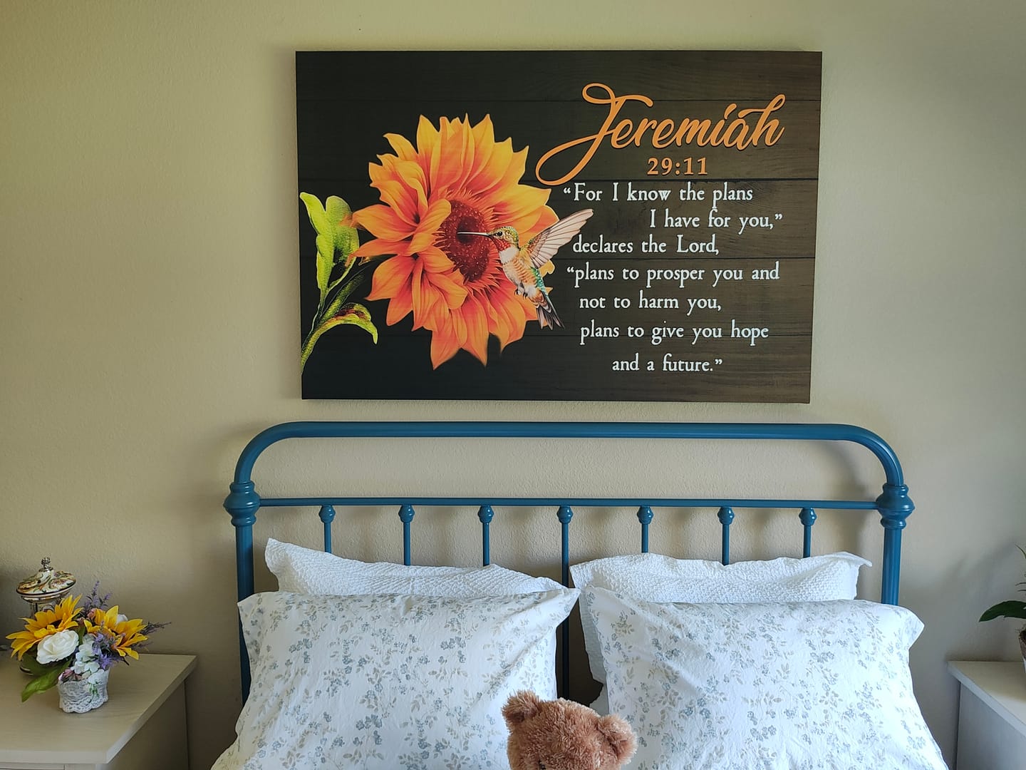 Customer photo review of Jeremiah 29:11 for I Know the Plans I Have for You, Hummingbird Sunflower, Wall Art Canvas