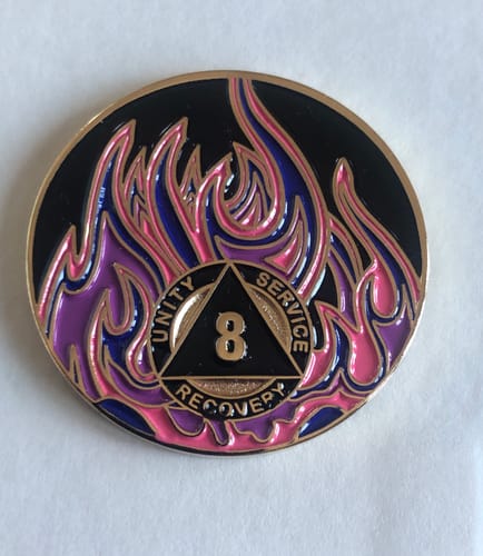Customer photo review of 1 to 40 Year Sobriety Mint Twisted Flames Gold Plated AA Recovery Medallion/Chip/Coin - Black/Pink/Purple/Blue