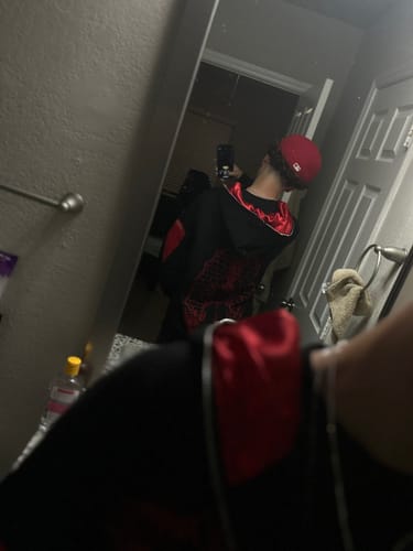 Customer photo review of Praying Rabbit Hoodie (Black/Red)