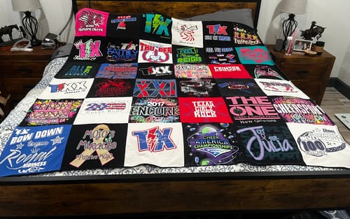 T-shirt quilt with cheerleading, sports themes by Kendra from TX