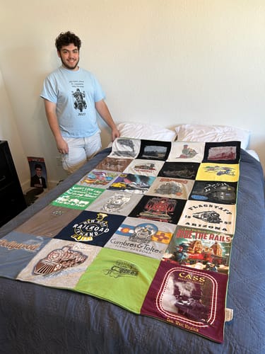 T-shirt quilt with trains, railroads themes by Joe from FL