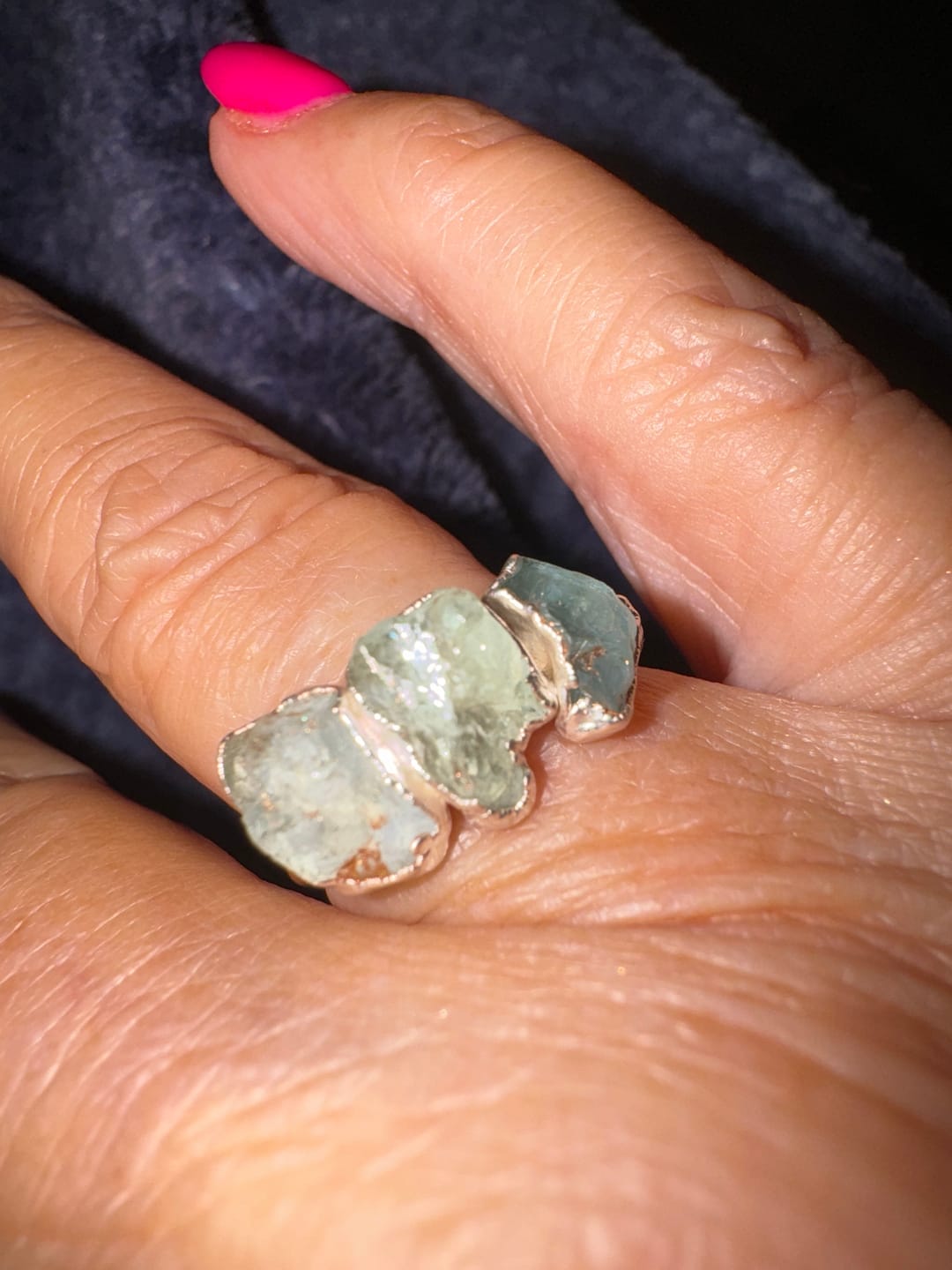 Customer photo review of Three Stone Raw Aquamarine Ring Sterling Silver
