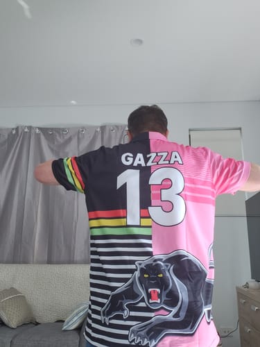 Customer photo review of (Custom Text and Number) Penrith Panthers Rugby Polo Shirt Proud The Panthers Comeback Black and Pink LT9
