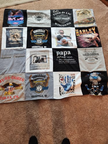 T-shirt quilt with motorcycles, family themes by Lynn from WI